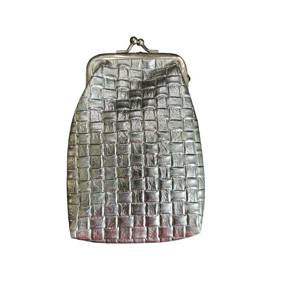 Retro Style Wallet Kisslock Case- Metallic Silver Woven- outer pocket- some wear - Picture 2 of 4